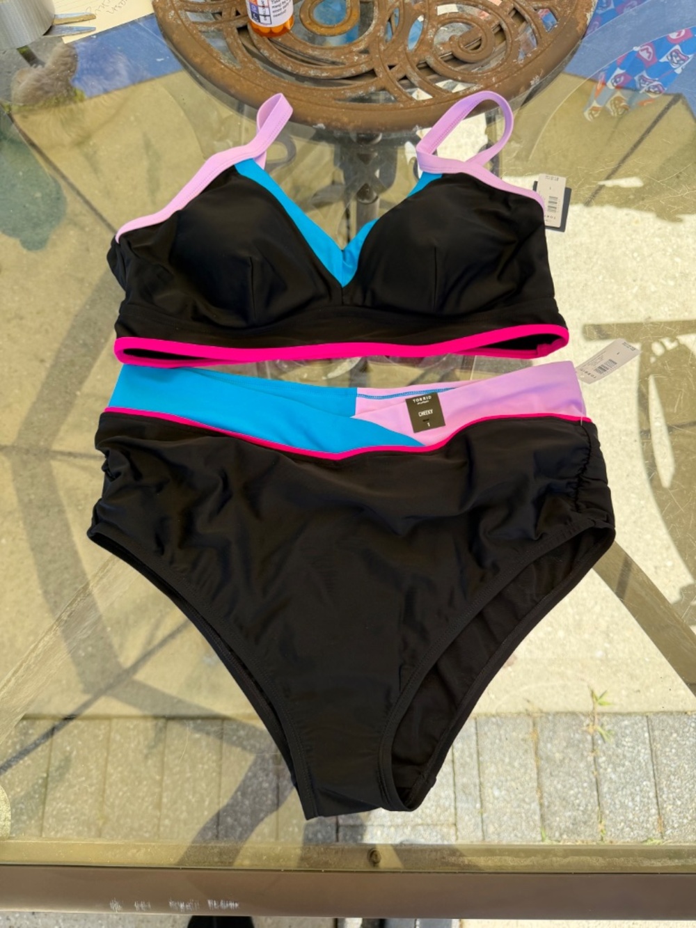 Torrid Black Bikini with Pink, Blue & Lavender Trim